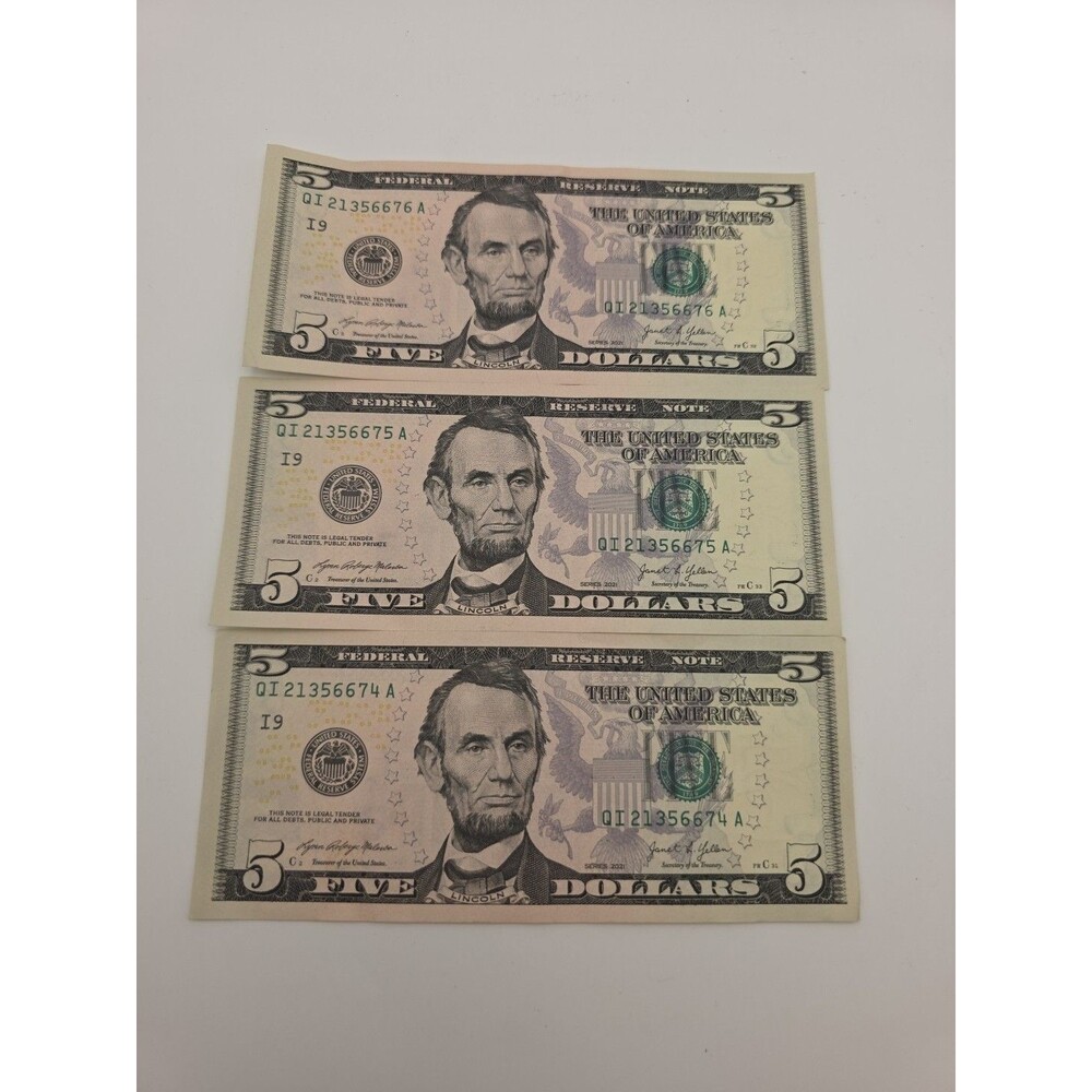 3 New Consecutive Serial Number Dollar Bills 2021 Federal Reserve Note